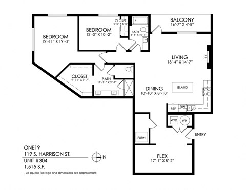 Floor plan for 2 beds, 2 baths, 1515 sqft